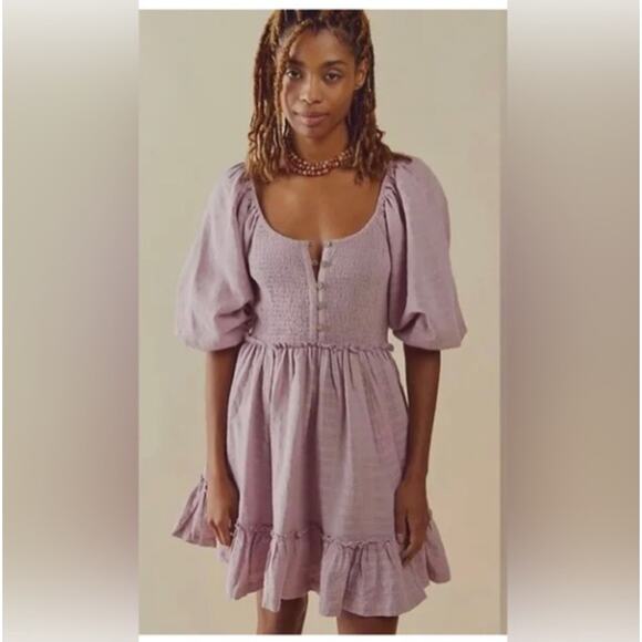 Free People Summer Picnic Smocked Balloon Sleeve Mini Dress in Purple Pink - Picture 15 of 15